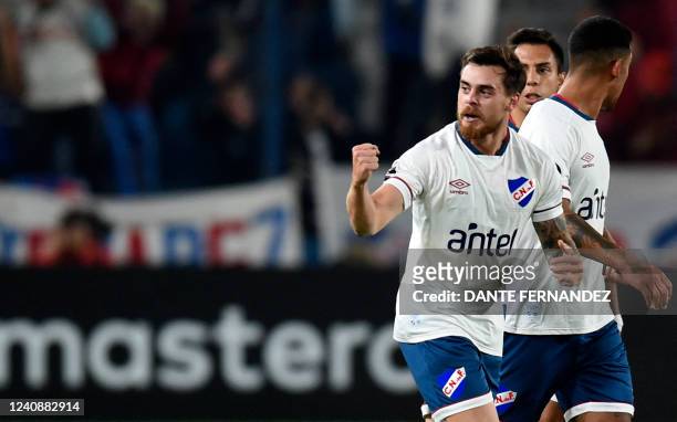 Uruguay's Nacional Alfonso Trezza celebrates after scoring against Brazil's Red Bull Bragantino during their Copa Libertadores group stage football...