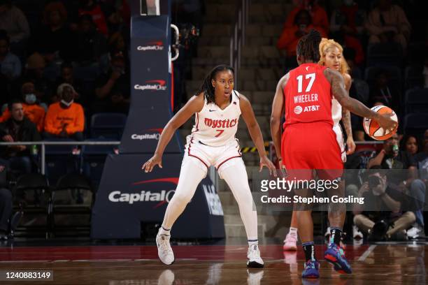 Ariel Atkins of the Washington Mystics plays defense on Erica Wheeler of the Atlanta Dream during the game on May 24, 2022 at Entertainment & Sports...