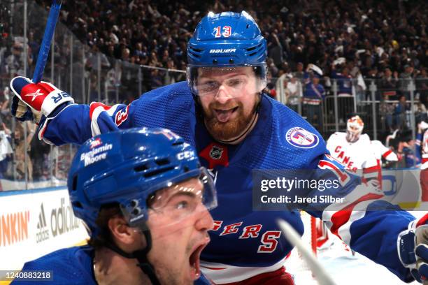 Alexis Lafreniere of the New York Rangers celebrates after a first period goal by Frank Vatrano of The New York Rangers in Game Four of the Second...