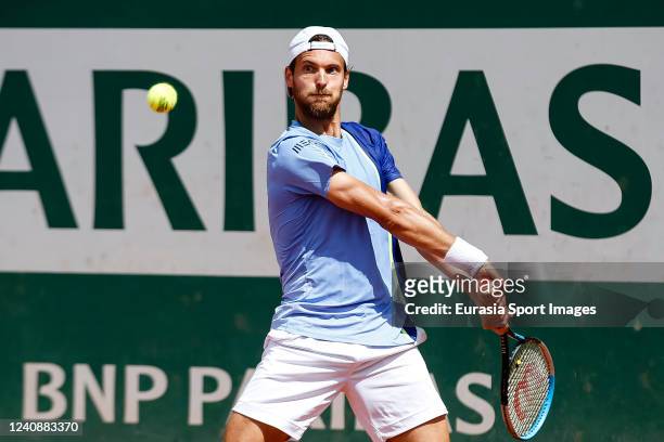 Joao Sousa of Portugal plays against Chun-Hsin Tseng of Taiwan during the 2022 French Open at Roland Garros on May 24, 2022 in Paris, France.