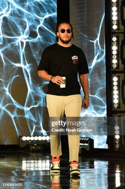 Jalen Brunson of the Dallas Mavericks arrives to the arena prior to the game against the Golden State Warriors during Game 4 of the 2022 NBA Playoffs...