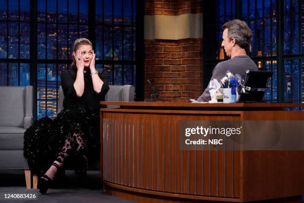 Episode 1298 -- Pictured: Actress Drew Barrymore during an interview with host Seth Meyers on May 24, 2022 --