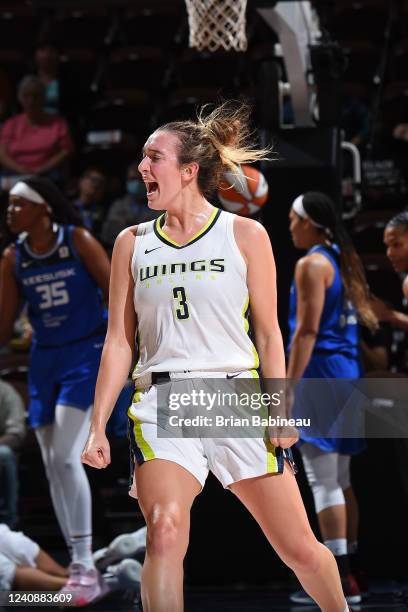 Marina Mabrey of the Dallas Wings celebrates during the game against the Connecticut Sun on May 24, 2022 at Mohegan Sun Arena in Uncasville,...