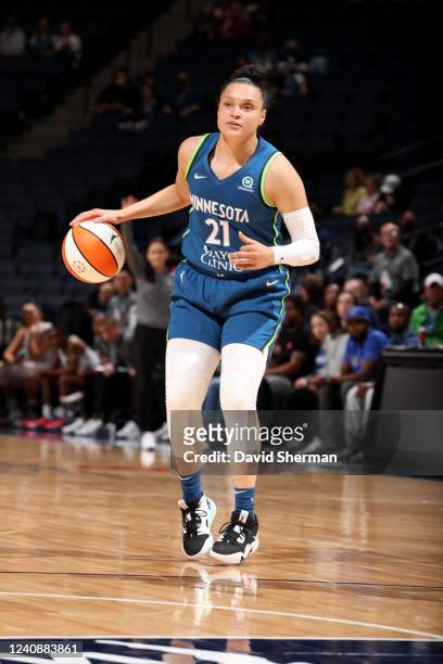 Kayla McBride of the Minnesota Lynx handles the ball during the game against the New York Liberty on MAY 24, 2022 at Target Center in Minneapolis,...