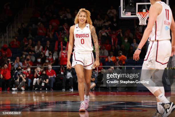 Shakira Austin of the Washington Mystics smiles during the game against the Atlanta Dream on May 24, 2022 at Entertainment & Sports Arena in...