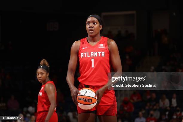 Batrice Mompremier of the Atlanta Dream prepares to shoot a free throw during the game against the Washington Mystics on May 24, 2022 at...