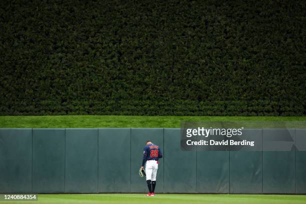 Byron Buxton of the Minnesota Twins looks on before the start of the first inning of the game against the Detroit Tigers at Target Field on May 24,...