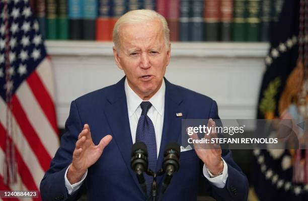 President Joe Biden delivers remarks in the Roosevelt Room of the White House in Washington, DC, on May 24 after a gunman shot dead 18 young children...