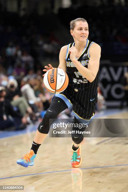 Allie Quigley of the Chicago Sky dribbles the ball during the game against the Indiana Fever on May 24, 2022 at Wintrust Arena in Chicago, Illinois....