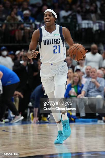 Frank Ntilikina of the Dallas Mavericks dribbles the ball during Game 4 of the 2022 NBA Playoffs Western Conference Finals against the Golden State...