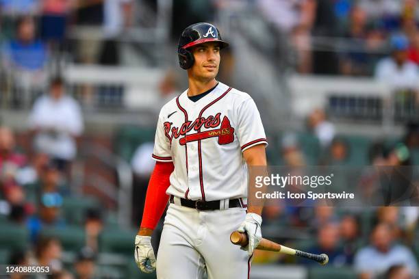 Atlanta first baseman Matt Olson reacts to a called third strike during the MLB game between the Philadelphia Phillies and the Atlanta Braves on May...