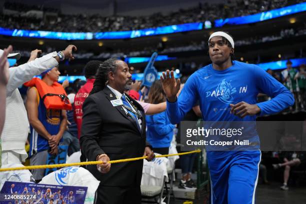 Frank Ntilikina of the Dallas Mavericks walks on to the court before Game 4 of the 2022 NBA Playoffs Western Conference Finals on May 24, 2022 at the...