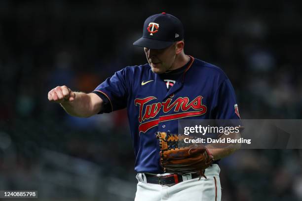 Tyler Duffey of the Minnesota Twins reacts to an out against the Detroit Tigers to end the top of the eighth inning of the game at Target Field on...