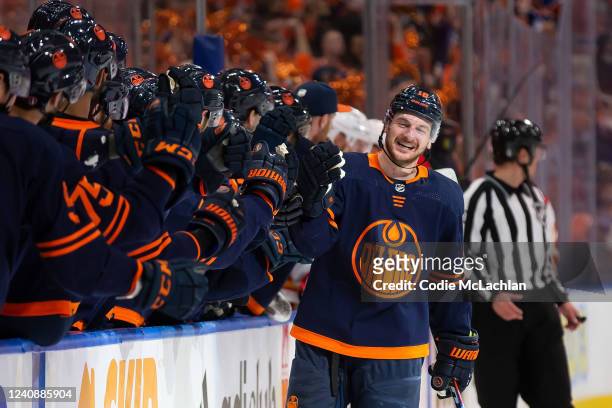 Zach Hyman of the Edmonton Oilers celebrates a goal against the Calgary Flames during the first period in Game Four of the Second Round of the 2022...