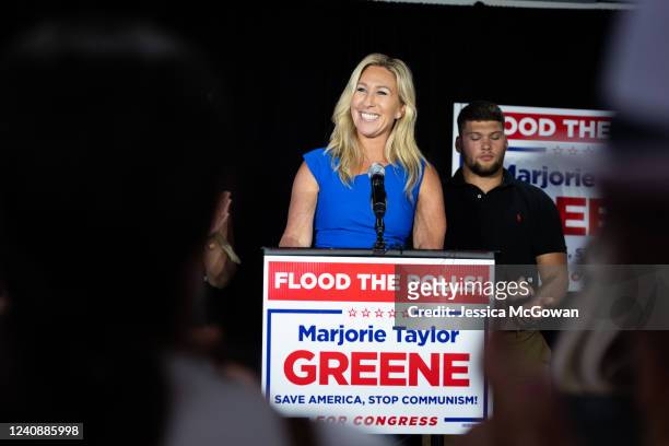 Rep. Marjorie Taylor Greene addresses supporters during a primary election watch party on May 24, 2022 in Rome, Georgia. Greene is running for a...