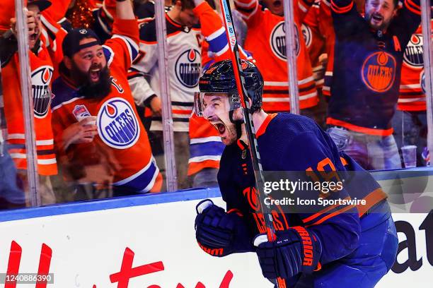 Edmonton Oilers Right Wing Zach Hyman celebrates a goal in the first period during the Edmonton Oilers versus the Calgary Flames in the Stanley Cup...