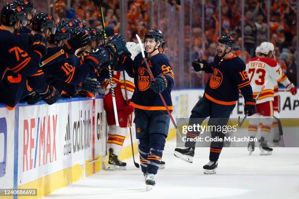 Ryan Nugent-Hopkins of the Edmonton Oilers celebrates a goal against the Calgary Flames during the third period in Game Four of the Second Round of...