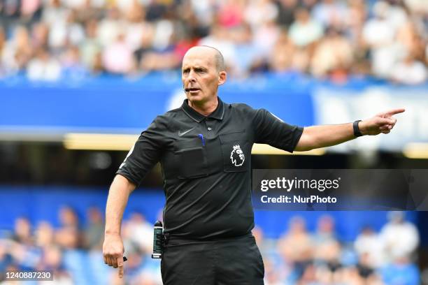 The referee Mike Dean in action during the Premier League match between Chelsea and Watford at Stamford Bridge, London on Sunday 22nd May 2022.