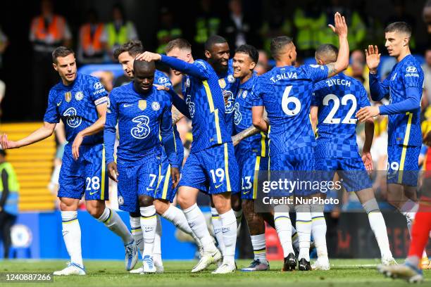 Chelsea players celebrating the team's first goal during the Premier League match between Chelsea and Watford at Stamford Bridge, London on Sunday...