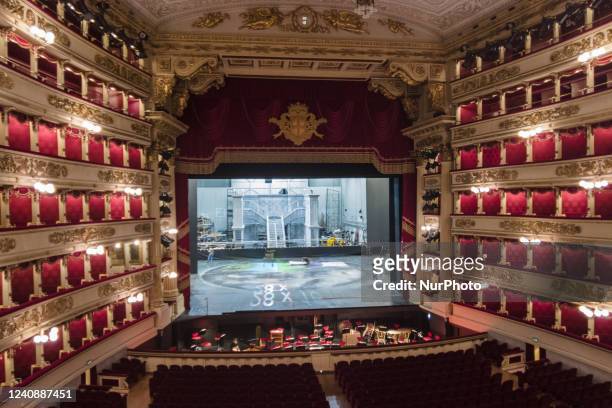 An interior general view of Teatro alla Scala theatre is seen in Milan, Italy, on May 24, 2022. La scala is one of the most important music theatre...