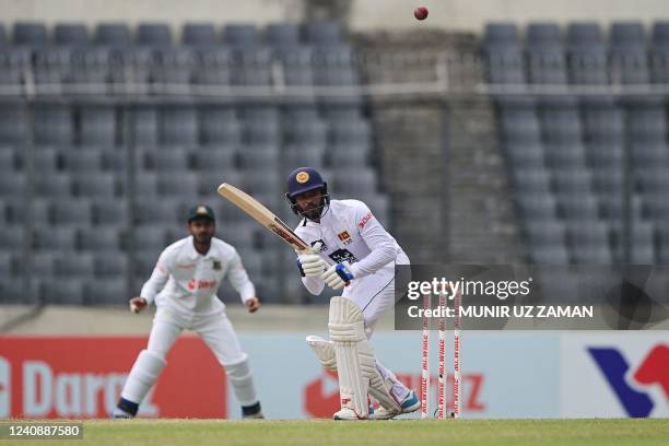 Sri Lanka's Dhananjaya de Silva plays a shot during the third day of the second Test cricket match between Bangladesh and Sri Lanka at the...