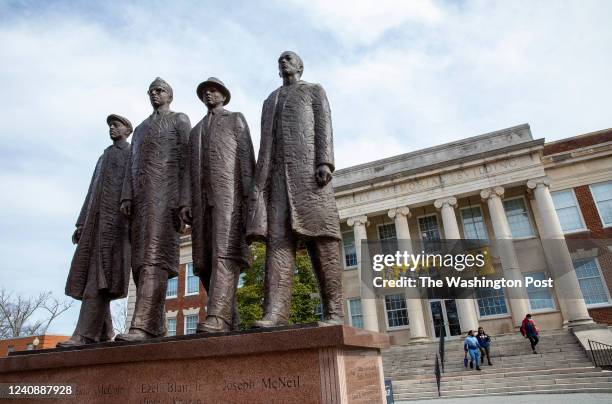 Statue of four freshmen who led a sit-in in 1960 on display at North Carolina A&T State University in Greensboro, NC, on Tuesday, February 8, 2022.