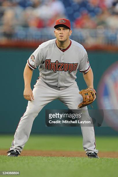 Sean Burroughs of the Arizona Diamondbacks looks on during a baseball game against the Washington Nationals at National Park on August 23, 2011 in...