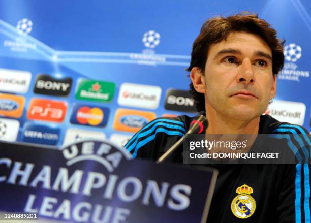 Real Madrid's assistant coach Aitor Karanka attends a press conference after a training session in Madrid on September 26 on the eve of the Champions...