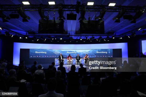 Mariana Mazzucato, professor at University College London , right, speaks during a Bloomberg panel session with Tom Keene, editor-at-large at...