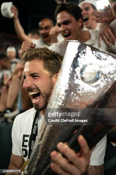 Goalkeeper Kevin Trapp of Eintracht Frankfurt celebrates with the UEFA Europa League trophy the UEFA Europa League final match between Eintracht...