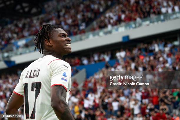 Rafael Leao of AC Milan celebrates during the Serie A football match between US Sassuolo and AC Milan. AC Milan won 3-0 over US Sassuolo.