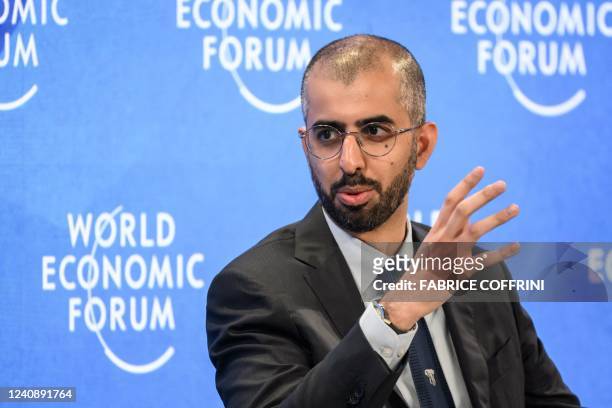 United Arab Emirates' Minister of State for artificial intelligence and digital economy Omar Sultan Al Olama gestures during a session at the World...
