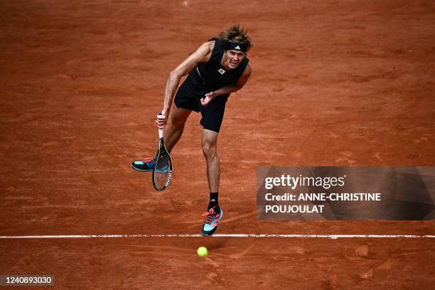 Germany's Alexander Zverev serves the ball to Argentina's Sebastian Baez during their men's singles match on day four of the Roland-Garros Open...