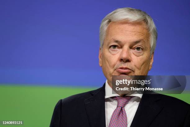 Commissioner for Justice Didier Reynders talks to media, in the Berlaymont, the EU Commission headquarter on May 25, 2022 in Brussels, Belgium....