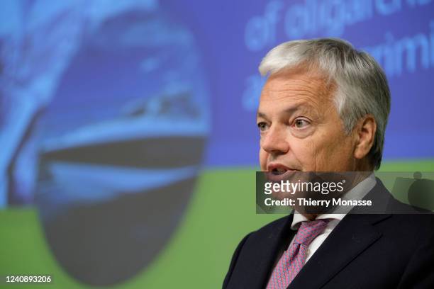 Commissioner for Justice Didier Reynders talks to media, in the Berlaymont, the EU Commission headquarter on May 25, 2022 in Brussels, Belgium....