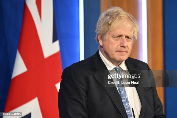 Prime Minister Boris Johnson holds a press conference in response to the publication of the Sue Gray report Into "Partygate" at Downing Street on May...