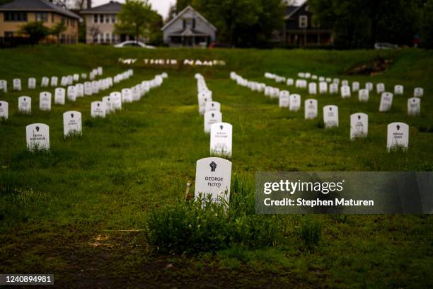 View of the George Floyd headstone at the Say Their Names cemetery at George Floyd Square on May 25, 2022 in Minneapolis, Minnesota. It has been two...