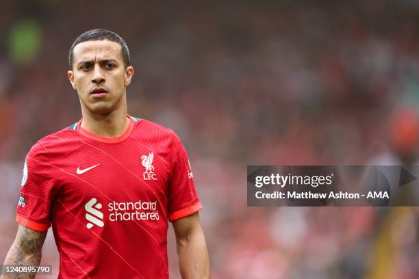 Thiago Alcantara of Liverpool during the Premier League match between Liverpool and Wolverhampton Wanderers at Anfield on May 22, 2022 in Liverpool,...