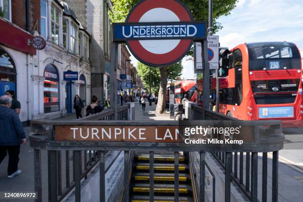 Steps down to Turnpike Lane underground station on 19th May 2022 in London, United Kingdom.