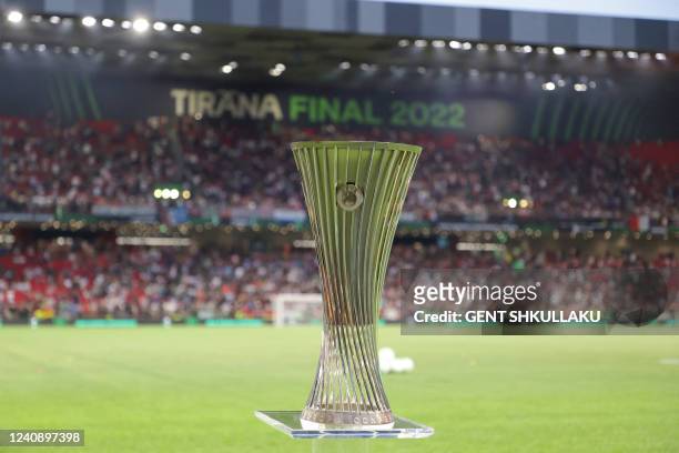 Picture shows the trophy ahead of the UEFA Europa Conference League final football match between AS Roma and Feyenoord at the Air Albania Stadium in...
