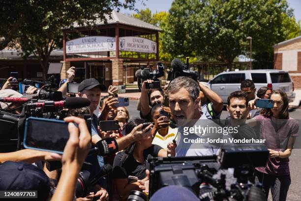 Democratic gubernatorial candidate Beto O'Rourke speaks to the media after interrupting a press conference held by Texas Gov. Greg Abbott on May 25,...