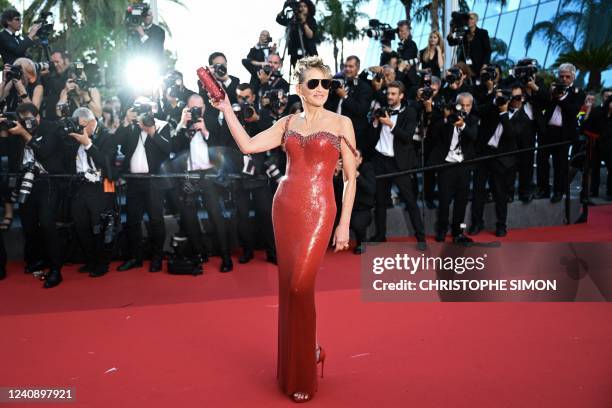 Actress Sharon Stone arrives for the screening of the film "Elvis" during the 75th edition of the Cannes Film Festival in Cannes, southern France, on...