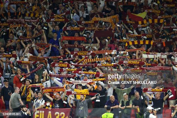 Roma supporters cheer ahead of the UEFA Europa Conference League final football match between AS Roma and Feyenoord at the Air Albania Stadium in...