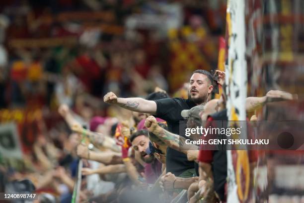 Roma supporters cheer ahead of the UEFA Europa Conference League final football match between AS Roma and Feyenoord at the Air Albania Stadium in...