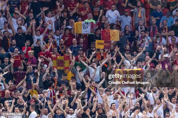 Supporters of AS Roma prior to the UEFA Conference League final match between AS Roma and Feyenoord at Arena Kombetare on May 25, 2022 in Tirana,...