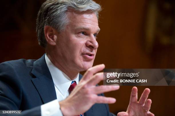 Director of the Federal Bureau of Investigation Christopher Wray speaks during a Senate Appropriations Subcommittee hearing on the fiscal year 2023...