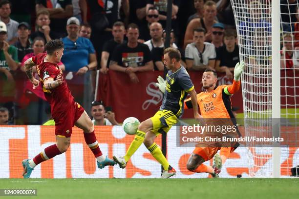 Nicolo Zaniolo of AS Roma scores a goal to make the score 1-0 during the UEFA Conference League final match between AS Roma and Feyenoord at Arena...
