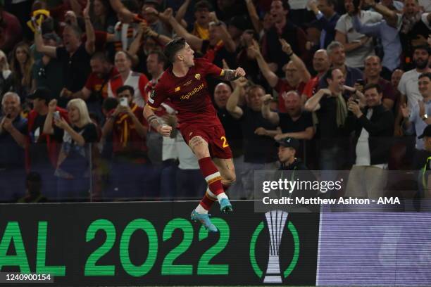 Nicolo Zaniolo of AS Roma celebrates after scoring a goal to make it 1-0 during the UEFA Conference League final match between AS Roma and Feyenoord...