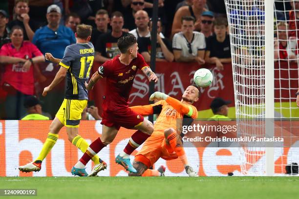 Nicolo Zaniolo of AS Roma scores a goal to make the score 1-0 during the UEFA Conference League final match between AS Roma and Feyenoord at Arena...