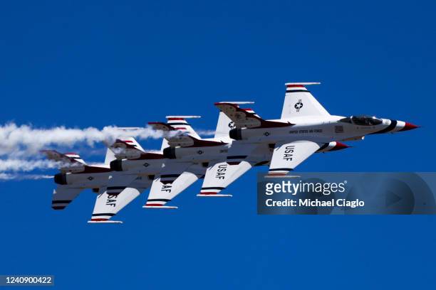 The Air Force Thunderbirds perform after the Air Force Academy graduation ceremony at Falcon Stadium on May 25, 2022 in Colorado Springs, Colorado....